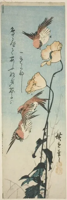 Framed Print : Sparrows and poppies, 1850s. Creator: Ando Hiroshige Framed Print : Sparrows and poppies, 1850s. Creator: Ando Hiroshige