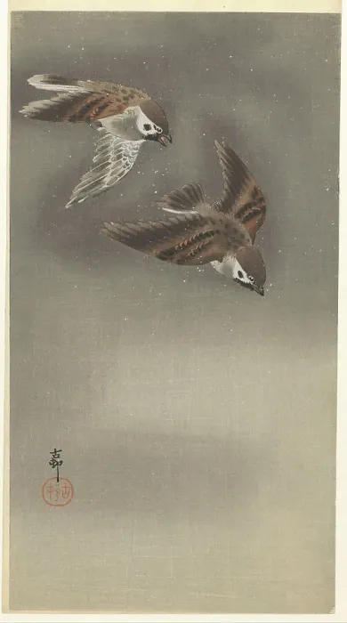 Framed Print : Sparrows in snow. Creator: Ohara, Koson (1877-1945) Framed Print : Sparrows in snow. Creator: Ohara, Koson (1877-1945)