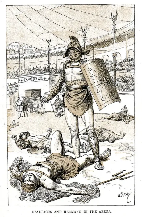 Framed Print : Spartacus and Hermann in the Arena, late 19th century Framed Print : Spartacus and Hermann in the Arena, late 19th century