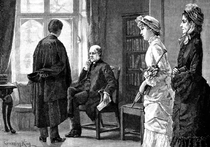 Framed Print : While he was yet speaking the door opened, and two ladies entered the room, 1883. Creator: R. Taylor Framed Print : While he was yet speaking the door opened, and two ladies entered the room, 1883. Creator: R. Taylor