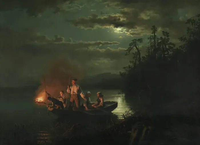 Framed Print : Spear Fishing on Lake Kroderen, 1851. Creator: Adolph Tidemand Framed Print : Spear Fishing on Lake Kroderen, 1851. Creator: Adolph Tidemand