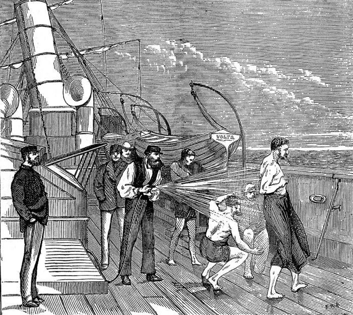 Framed Print : Our special artist's voyage to the Gold Coast - morning bath on board the Volta, 1873. Creator: Unknown. Our special artist's voyage to the Gold Coast - morning bath on board the Volta, 1873. Creator: Unknown Framed Print : Our special artist's voyage to the Gold Coast - morning bath on board the Volta, 1873. Creator: Unknown. Our special artist's voyage to the Gold Coast - morning bath on board the Volta, 1873. Creator: Unknown