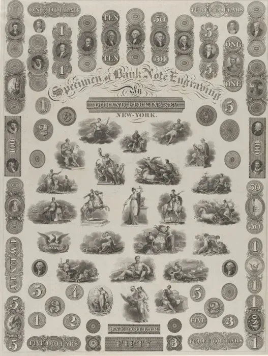 Framed Print : Specimen Sheet of Bank Note Engraving, ca. 1828. Creator: Asher Brown Durand Framed Print : Specimen Sheet of Bank Note Engraving, ca. 1828. Creator: Asher Brown Durand