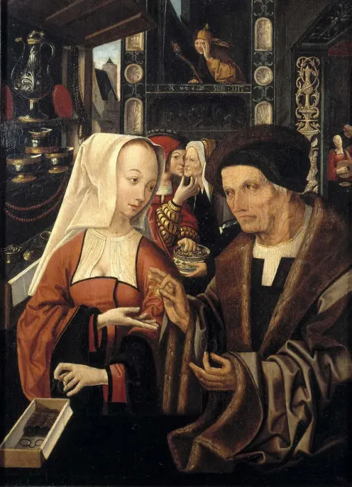 Framed Print : The Spectacles Seller. Artist: Cornelisz van Oostsanen, Jacob (ca. 1470-1533) Framed Print : The Spectacles Seller. Artist: Cornelisz van Oostsanen, Jacob (ca. 1470-1533)