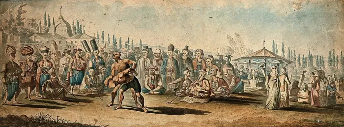 Framed Print : Spectators watching a wrestling match in a street in Turkey (?), (between 1800 and 1899?). Creator: Unknown Framed Print : Spectators watching a wrestling match in a street in Turkey (?), (between 1800 and 1899?). Creator: Unknown