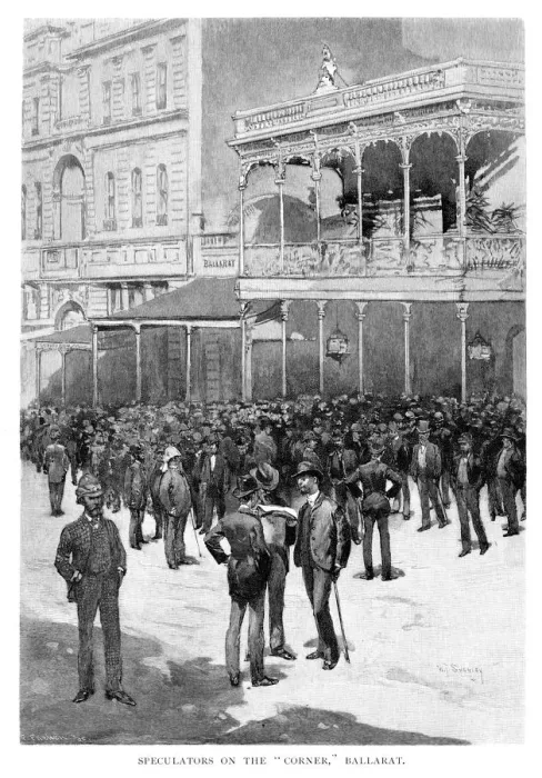 Framed Print : Speculators On The Corner, Ballarat, Australia, 1886. Artist: William Thomas Smedley Framed Print : Speculators On The Corner, Ballarat, Australia, 1886. Artist: William Thomas Smedley
