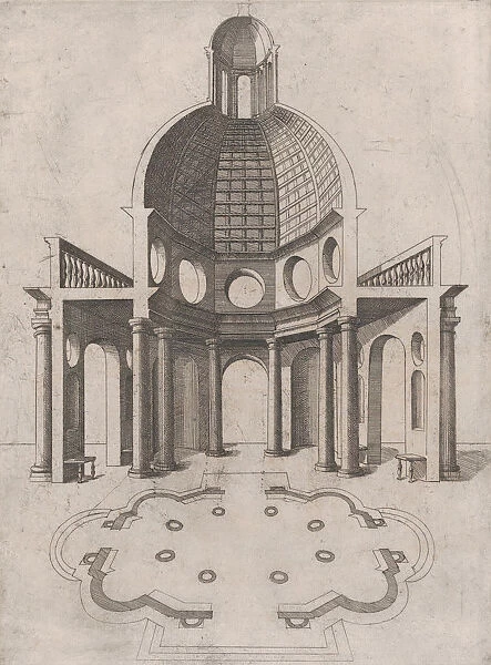 Speculum Romanae Magnificentiae: Interior and ground plan of an octagonal temple