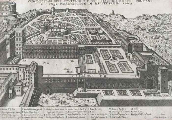 Framed Print : Speculum Romanae Magnificentiae: Aerial View of the Belvedere and its Gardens, 1579 Framed Print : Speculum Romanae Magnificentiae: Aerial View of the Belvedere and its Gardens, 1579