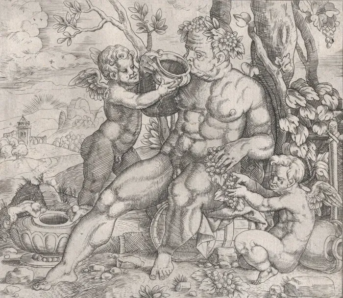 Framed Print : Speculum Romanae Magnificentiae: Bacchus, Seated, Drinking from a Vase Presented b Framed Print : Speculum Romanae Magnificentiae: Bacchus, Seated, Drinking from a Vase Presented b