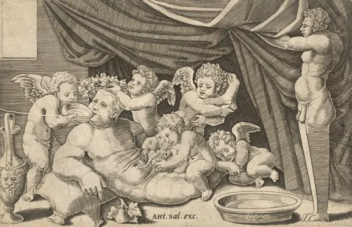 Framed Print : Speculum Romanae Magnificentiae: Bacchus Surrounded by Putti with Priapus holding Framed Print : Speculum Romanae Magnificentiae: Bacchus Surrounded by Putti with Priapus holding