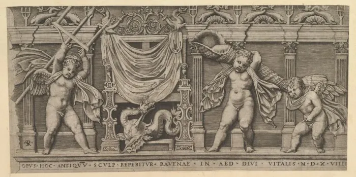 Framed Print : Speculum Romanae Magnificentiae: Bas-Relief with Three Cupids, 1519. Creator: Marco Dente Framed Print : Speculum Romanae Magnificentiae: Bas-Relief with Three Cupids, 1519. Creator: Marco Dente