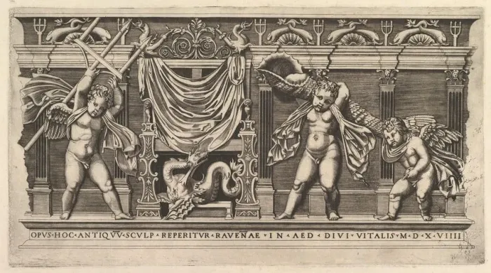 Framed Print : Speculum Romanae Magnificentiae: Bas-Relief with Three Cupids, 1519. Creator: Marco Dente Framed Print : Speculum Romanae Magnificentiae: Bas-Relief with Three Cupids, 1519. Creator: Marco Dente
