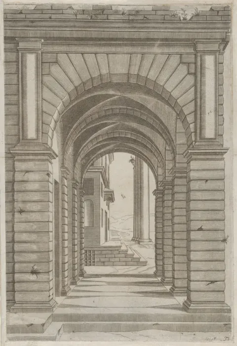 Framed Print : Speculum Romanae Magnificentiae: Front of a Building seen sideways through an arca Framed Print : Speculum Romanae Magnificentiae: Front of a Building seen sideways through an arca