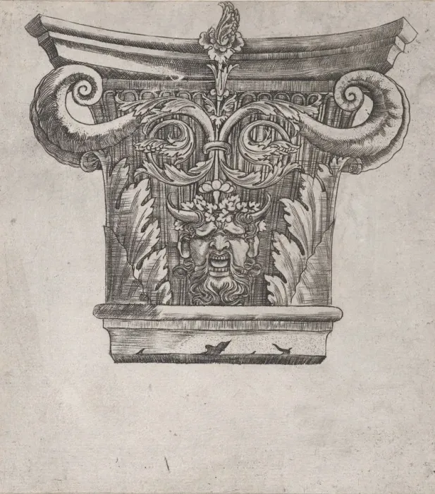 Framed Print : Speculum Romanae Magnificentiae: Capital with peapod volutes and satyr head, ca. 1537 Framed Print : Speculum Romanae Magnificentiae: Capital with peapod volutes and satyr head, ca. 1537