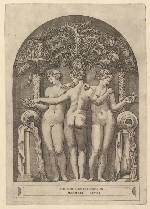 Framed Print : Speculum Romanae Magnificentiae: The Three Graces, ca. 1515-27. Creator: Marco Dente Framed Print : Speculum Romanae Magnificentiae: The Three Graces, ca. 1515-27. Creator: Marco Dente