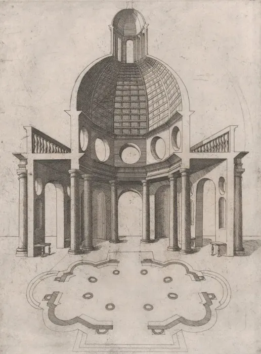 Framed Print : Speculum Romanae Magnificentiae: Interior and ground plan of an octagonal temple Framed Print : Speculum Romanae Magnificentiae: Interior and ground plan of an octagonal temple