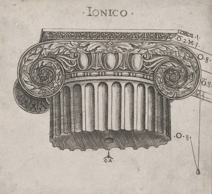 Framed Print : Speculum Romanae Magnificentiae: Ionic capital, ca. 1537. ca. 1537. Creator: Master GA Framed Print : Speculum Romanae Magnificentiae: Ionic capital, ca. 1537. ca. 1537. Creator: Master GA
