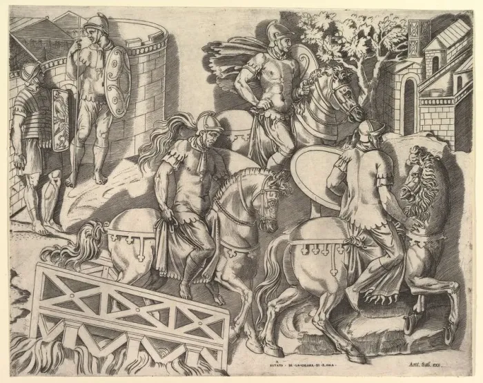 Framed Print : Speculum Romanae Magnificentiae: Roman Horsemen Crossing a Bridge (from Trajans C Framed Print : Speculum Romanae Magnificentiae: Roman Horsemen Crossing a Bridge (from Trajans C