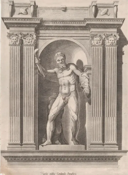 Framed Print : Speculum Romanae Magnificentiae: Sculpture of a faun standing in a niche after a s Framed Print : Speculum Romanae Magnificentiae: Sculpture of a faun standing in a niche after a s