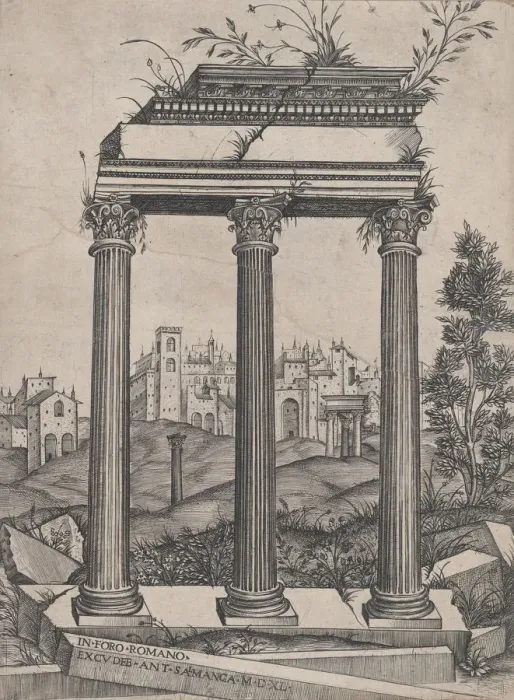 Framed Print : Speculum Romanae Magnificentiae: Temple of Antoninus and Faustina, 16th century