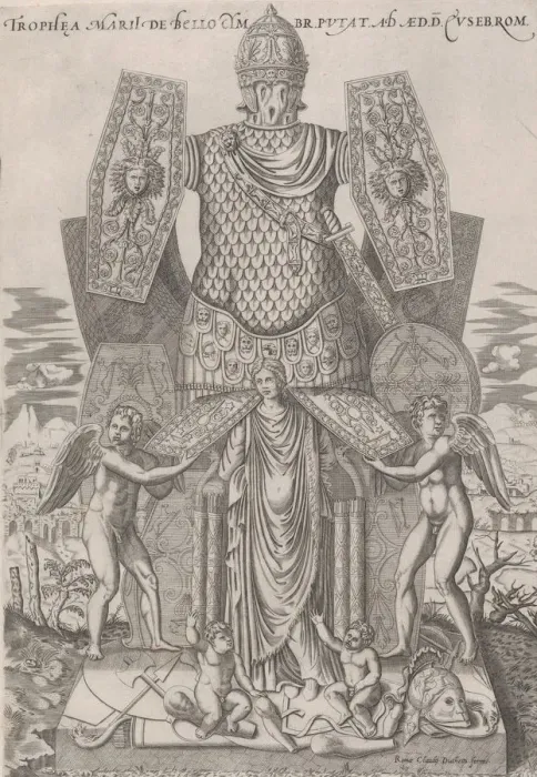 Framed Print : Speculum Romanae Magnificentiae: Trophies of Marius, late 16th century Framed Print : Speculum Romanae Magnificentiae: Trophies of Marius, late 16th century