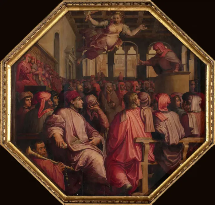 Framed Print : Speech by Antonio Giacomini for the war against Pisa in the Sala dei Duecento, 1563-1565. Artist: Vasari, Giorgio (1511-1574) Framed Print : Speech by Antonio Giacomini for the war against Pisa in the Sala dei Duecento, 1563-1565. Artist: Vasari, Giorgio (1511-1574)