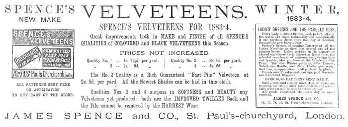 Framed Print : Spence's Velveteens, 1883. Creator: Unknown. Spence's Velveteens, 1883. Creator: Unknown Framed Print : Spence's Velveteens, 1883. Creator: Unknown. Spence's Velveteens, 1883. Creator: Unknown