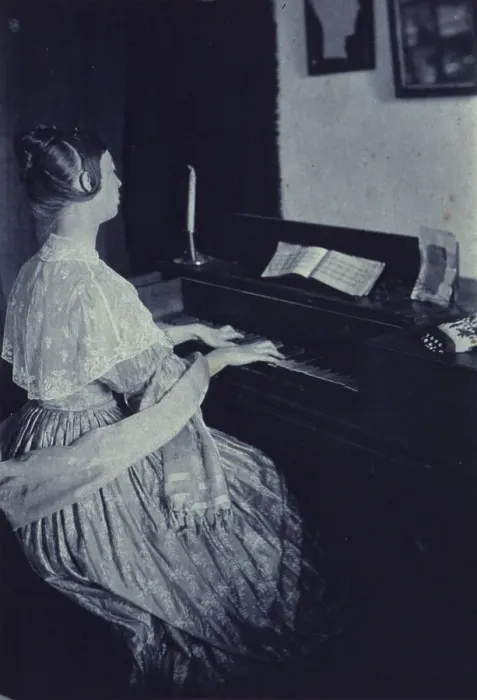 Framed Print : At the spinet, c1900. Creator: Frances S. Allen Framed Print : At the spinet, c1900. Creator: Frances S. Allen