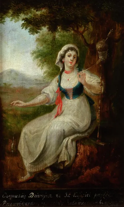 Framed Print : Spinner at Her Work / Frivolous Spinner-two-sided painting, c1800. Creator: Michal Stachowicz Framed Print : Spinner at Her Work / Frivolous Spinner-two-sided painting, c1800. Creator: Michal Stachowicz