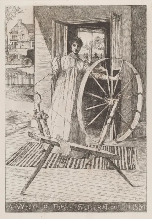 Framed Print : At the Spinning Wheel, c. 1884. Creator: Otto Henry Bacher Framed Print : At the Spinning Wheel, c. 1884. Creator: Otto Henry Bacher