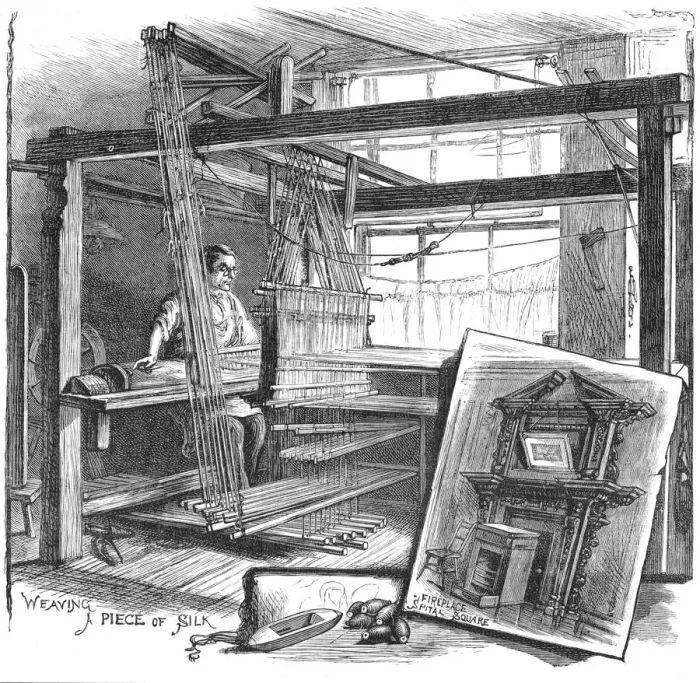 Framed Print : A Spitalfields silk weaver at his hand loom, 1884 Framed Print : A Spitalfields silk weaver at his hand loom, 1884