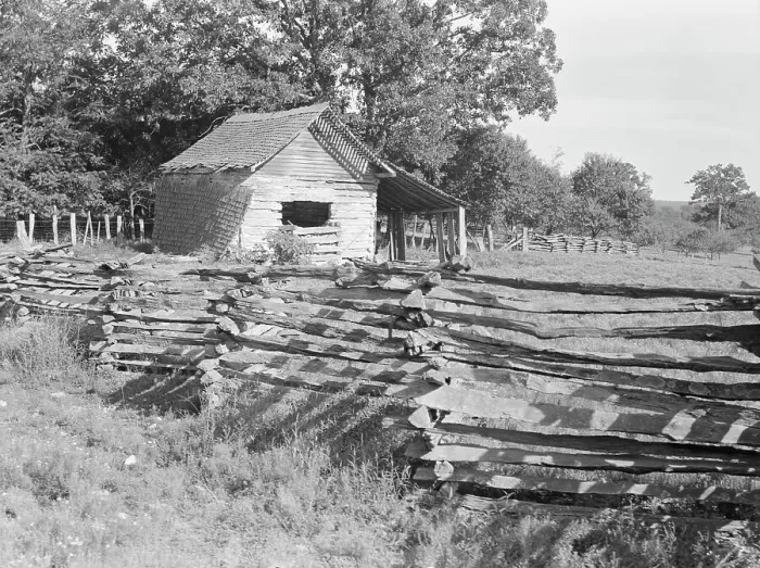 Framed Print : Split-log fence, North Central Arkansas along U.S. 62, 1938. Creator: Dorothea Lange Framed Print : Split-log fence, North Central Arkansas along U.S. 62, 1938. Creator: Dorothea Lange