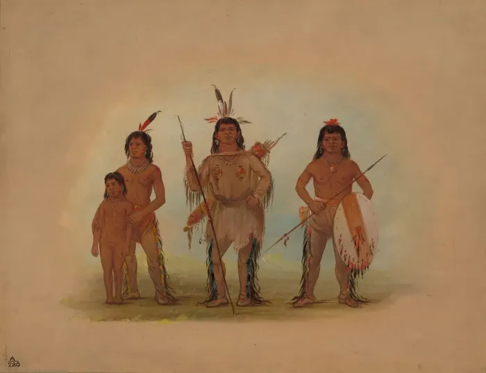 Framed Print : Spokan Chief, Two Warriors, and a Boy, 1855 / 1869. Creator: George Catlin Framed Print : Spokan Chief, Two Warriors, and a Boy, 1855 / 1869. Creator: George Catlin