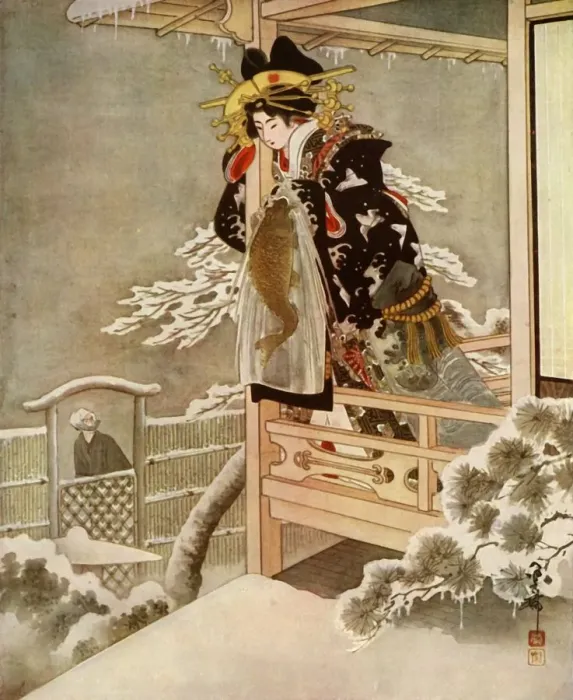 Framed Print : As she spoke, Urasato leaned far out over the balcony... 1919. Creator: Unknown Framed Print : As she spoke, Urasato leaned far out over the balcony... 1919. Creator: Unknown