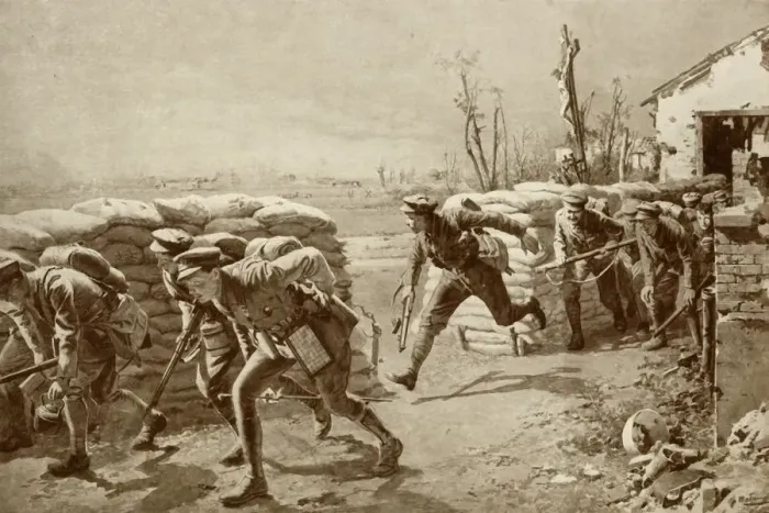 Framed Print : A Sporting Chance: British Soldiers Making a Dash for It, 1916. Creator: Unknown Framed Print : A Sporting Chance: British Soldiers Making a Dash for It, 1916. Creator: Unknown