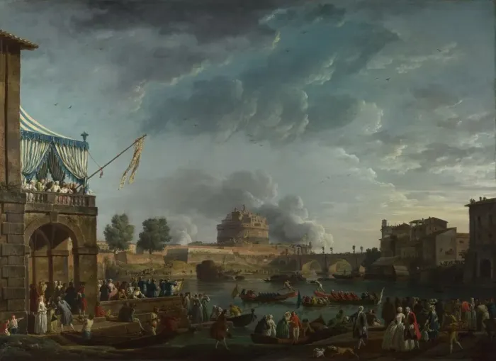 Framed Print : A Sporting Contest on the Tiber at Rome, 1750. Artist: Vernet, Claude Joseph (1714-1789)