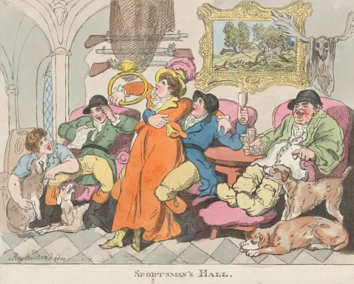 Framed Print : Sportsmans Hall, or Fox-Hunters Relaxing, 1812. 1812. Creator: Thomas Rowlandson Framed Print : Sportsmans Hall, or Fox-Hunters Relaxing, 1812. 1812. Creator: Thomas Rowlandson