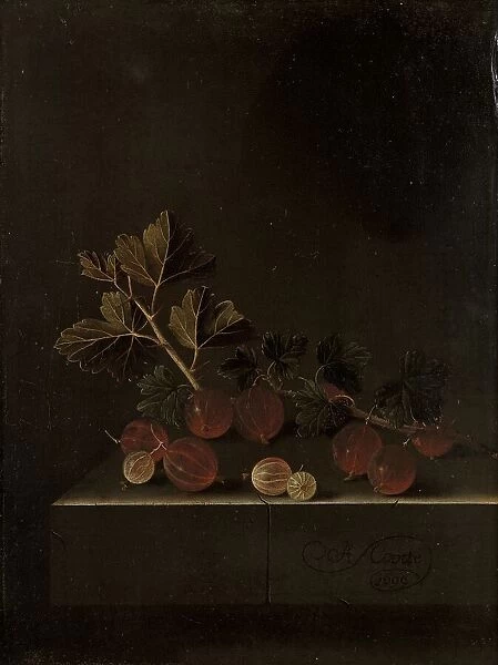 A Sprig of Gooseberries on a Stone Plinth, 1699. Creator: Adriaen Coorte