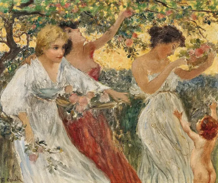 Framed Print : Spring, three graces under a blossoming tree. Creator: Czech, Emil (1862-1929) Framed Print : Spring, three graces under a blossoming tree. Creator: Czech, Emil (1862-1929)