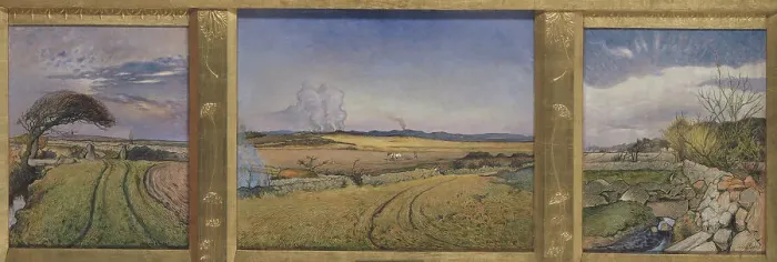 Framed Print : Spring in Halland. Three Paintings in a Frame Sculpted by the Artist, 1894. Creator: Nils Kreuger Framed Print : Spring in Halland. Three Paintings in a Frame Sculpted by the Artist, 1894. Creator: Nils Kreuger