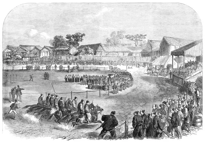Framed Print : The Spring Meeting at Yokohama: race of the Japanese officers...the start... 1865. Creator: Unknown Framed Print : The Spring Meeting at Yokohama: race of the Japanese officers...the start... 1865. Creator: Unknown