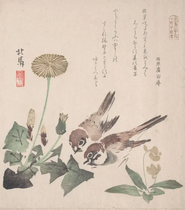 Framed Print : Spring Rain Collection (Harusame shu), vol. 3: Sparrows and Dandelions, ca. 1820. ca Framed Print : Spring Rain Collection (Harusame shu), vol. 3: Sparrows and Dandelions, ca. 1820. ca