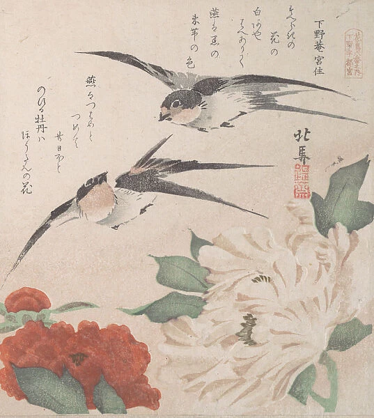 Spring Rain Collection (Harusame shu), vol. 3: Swallows and Peonies, ca. 1820. ca. 1820