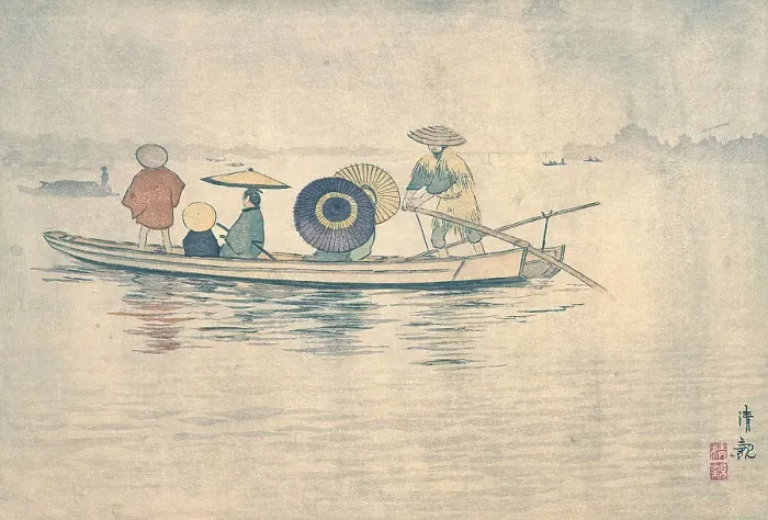 Framed Print : Spring Rain near the Great Riverbank: A Crossing Ferry Boat, c1884. Creator: Kobayashi Kiyochika Framed Print : Spring Rain near the Great Riverbank: A Crossing Ferry Boat, c1884. Creator: Kobayashi Kiyochika