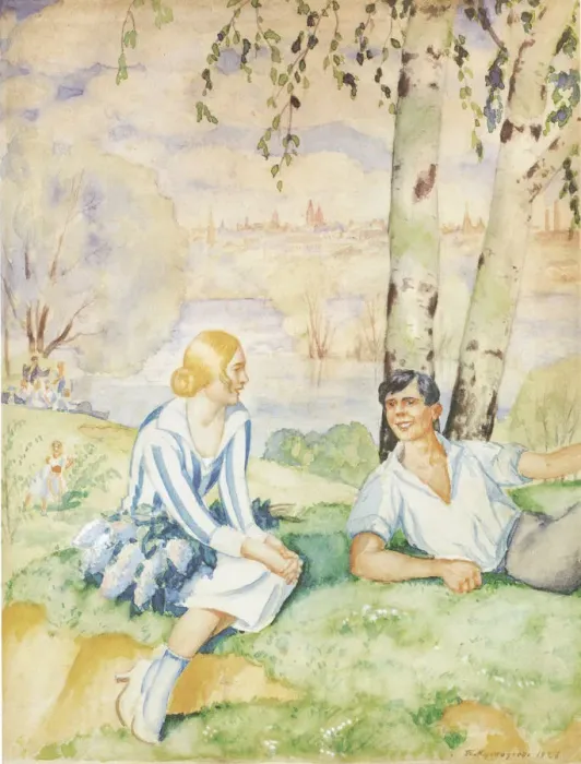 Framed Print : Spring on the riverbank, 1927. Artist: Kustodiev, Boris Michaylovich (1878-1927) Framed Print : Spring on the riverbank, 1927. Artist: Kustodiev, Boris Michaylovich (1878-1927)