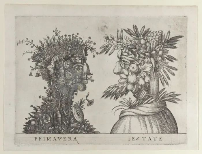Framed Print : Spring and Summer: two heads made from flora typical of those seasons, ca. 1580-1620. ca. 1580-1620 Creator: Anon Framed Print : Spring and Summer: two heads made from flora typical of those seasons, ca. 1580-1620. ca. 1580-1620 Creator: Anon