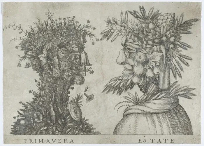 Framed Print : Spring and Summer: two heads made from flora typical of those seasons, ca. 1580-1620. ca. 1580-1620 Creator: Anon Framed Print : Spring and Summer: two heads made from flora typical of those seasons, ca. 1580-1620. ca. 1580-1620 Creator: Anon