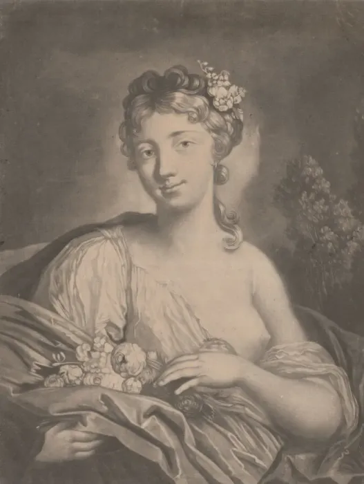 Framed Print : Spring: a young woman holding flowers in her cloak, 1775. Creator: Richard Houston Framed Print : Spring: a young woman holding flowers in her cloak, 1775. Creator: Richard Houston