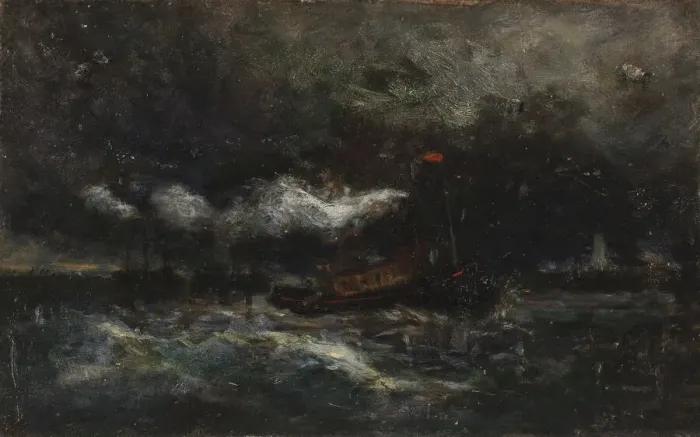 Framed Print : Squall, Brenton Light (boat in storm, lighthouse in background), n. d Framed Print : Squall, Brenton Light (boat in storm, lighthouse in background), n. d