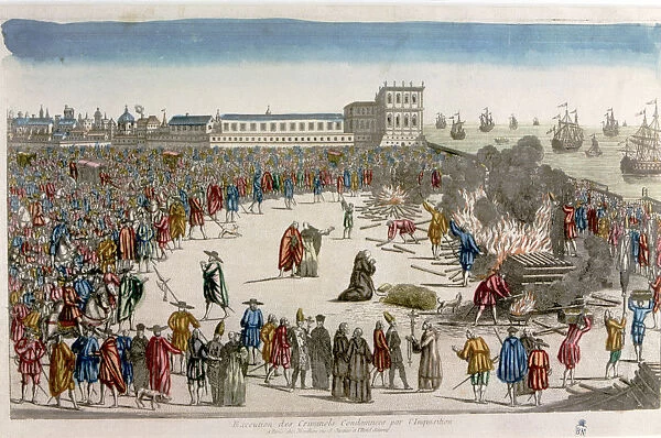 Square with the audience watching an execution The quemadero, colored engraving